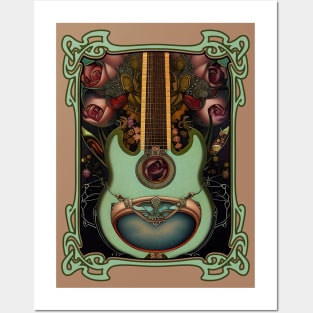 Sea Green Guitar & Roses Posters and Art